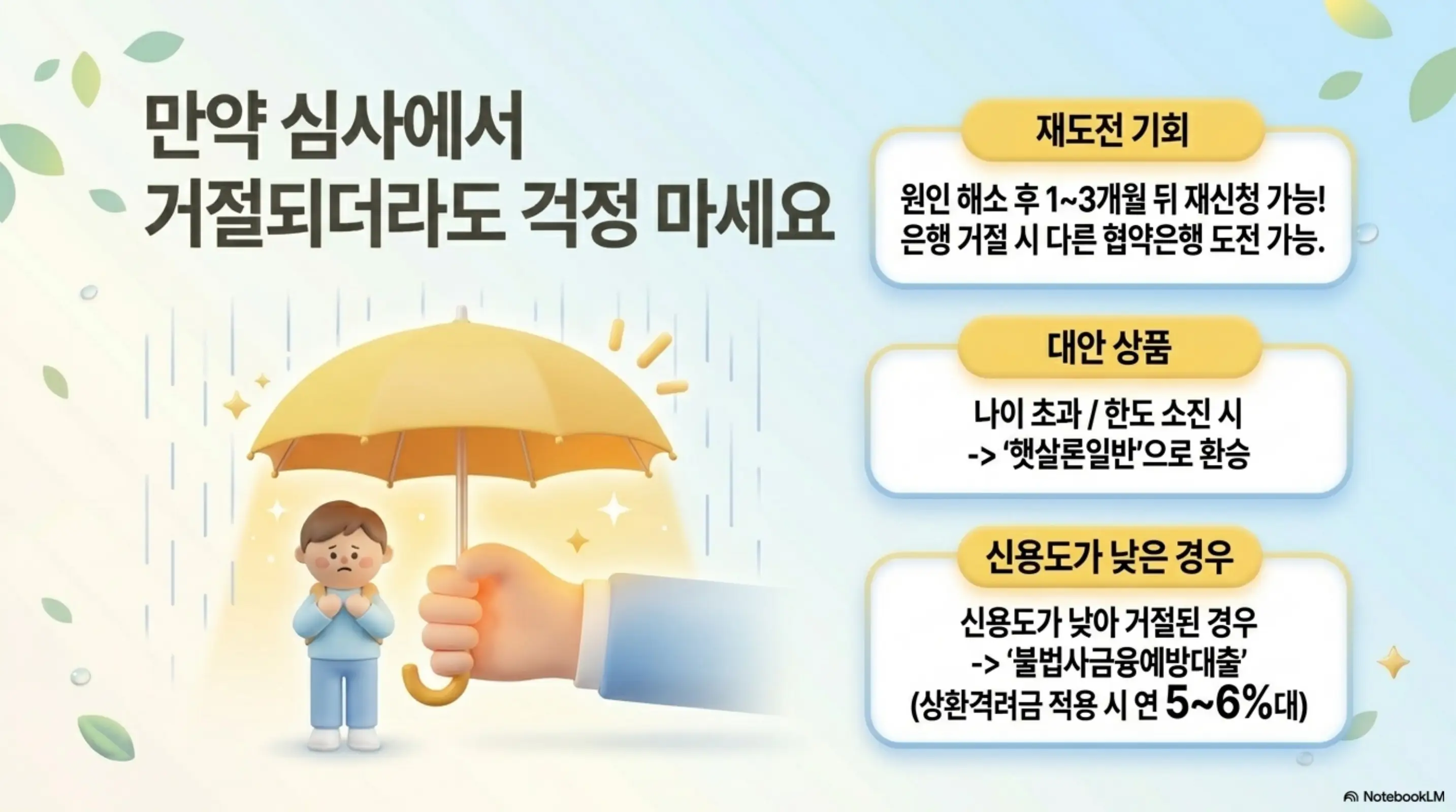햇살론유스 조건: 만약 심사에서 거절되더라도 걱정 마세요라는 제목 아래 우산을 쓴 청년 일러스트와 함께 재도전 기회로 원인 해소 후 1에서 3개월 뒤 재신청 가능하며 은행 거절 시 다른 협약은행 도전 가능이라는 안내가 있다. 대안 상품으로 나이 초과 또는 한도 소진 시 햇살론일반으로 환승하고 신용도가 낮은 경우 불법사금융예방대출 상환격려금 적용 시 연 5에서 6퍼센트대라는 정보가 표시되어 있다. 이 이미지는 햇살론유스 거절 시 대안과 재신청 방법을 시각적으로 전달하며 블로그의 햇살론유스 거절 대안 섹션과 관련된 내용을 설명함