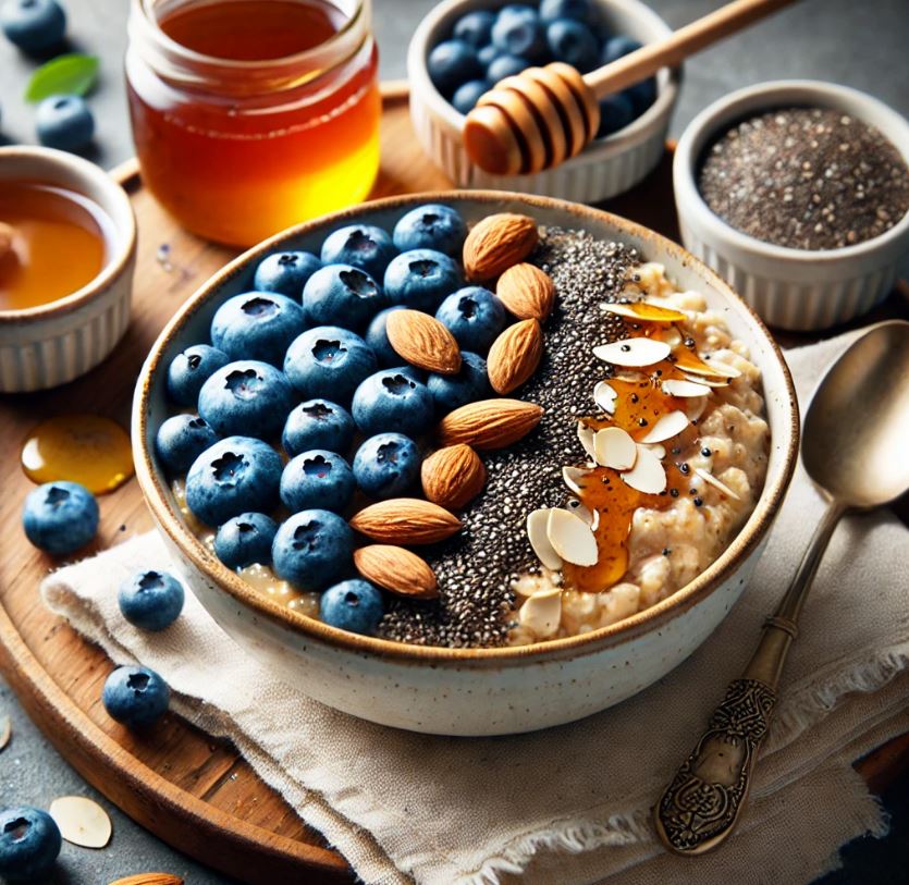 피부 미용 & 활력 충전에 좋은 오트밀, 블루베리, 치아시드,아몬드의 조합