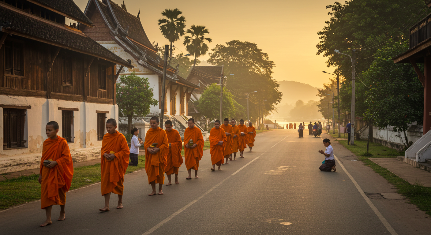 주황색 승복의 스님들이 맨발로 행렬, 정좌한 시민들의 공양