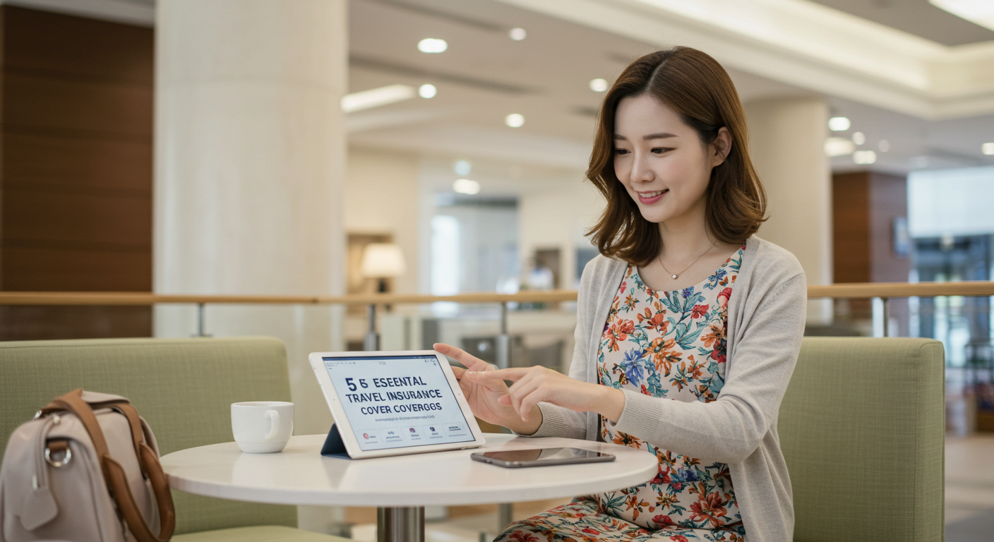여행자 보험의 필수 보장 항목 5가지를 태블릿으로 꼼꼼히 확인하는 한국 여성.