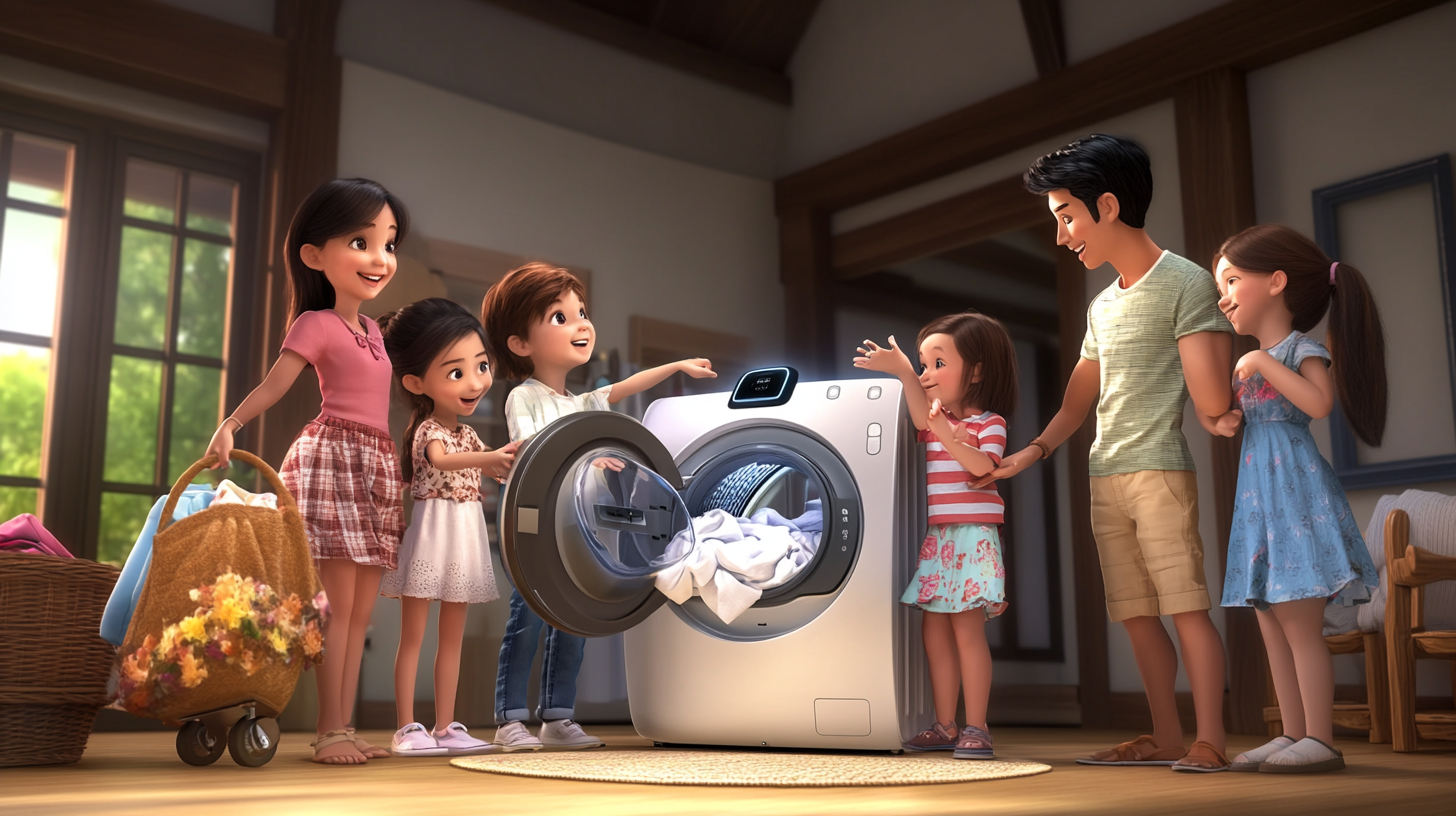 부드러운 조명 아래 삼성 AI 세탁기와 행복하게 상호작용하는 대가족, 사용의 편리함과 깨끗한 세탁 결과를 강조하는 장면