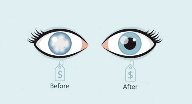 백내장으로 흐릿한 눈과 수술 후 맑아진 눈을 비교한 그림