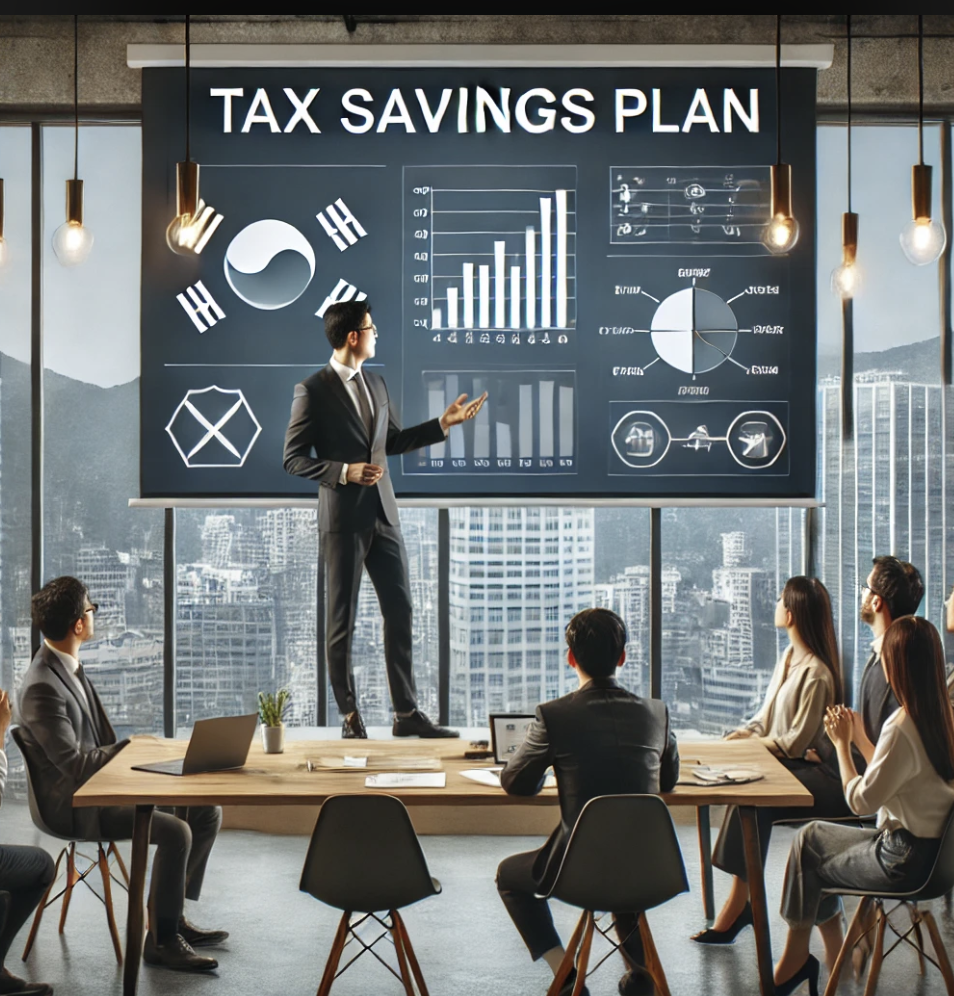 사무실에서 전문가가 팀원들에게 세금 절감 방안을 발표하는 모습