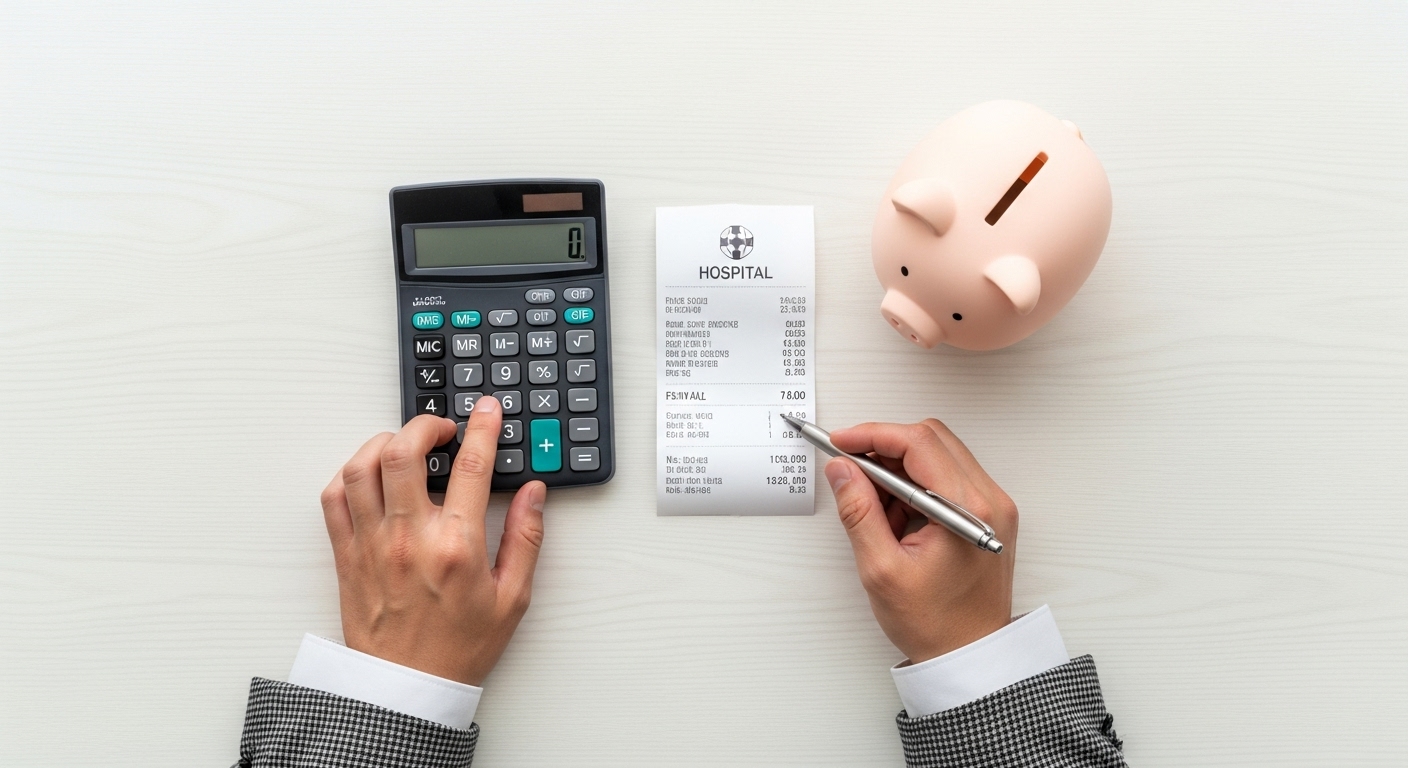 계산기를 사용해 의료비 영수증을 검토하며, 옆에 놓인 돼지 저금통에 동전을 넣고 있는 모습