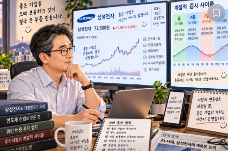 삼성전자 장기보유와 계절적 증시 사이클 분석하는 투자자 이미지