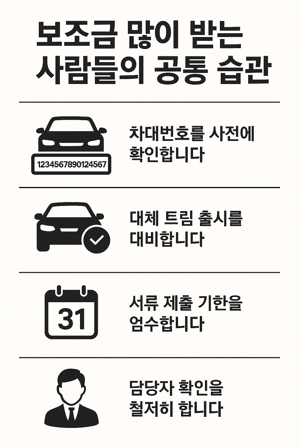 보조금 많이 받는 사람들의 공통 습관 인포그래픽(차대번호&middot;대체트림&middot;제출기한&middot;담당자확인)