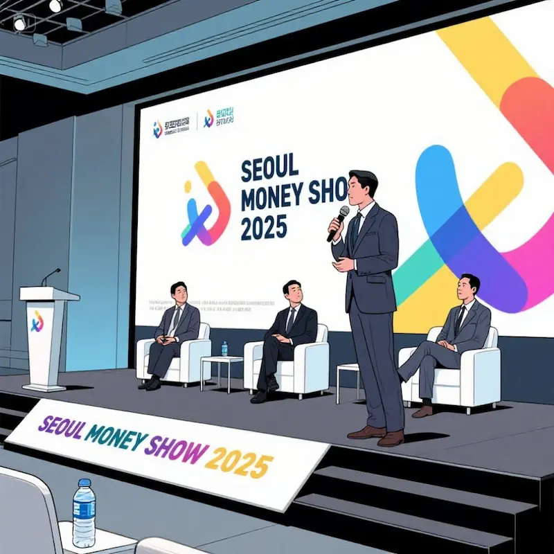 2025 서울머니쇼에서 최근 주도주였던 AI 반도체, 우주항공, 조선 섹터를 설명하는 베스트 에널리스트들의 모습을 그린 일러스트