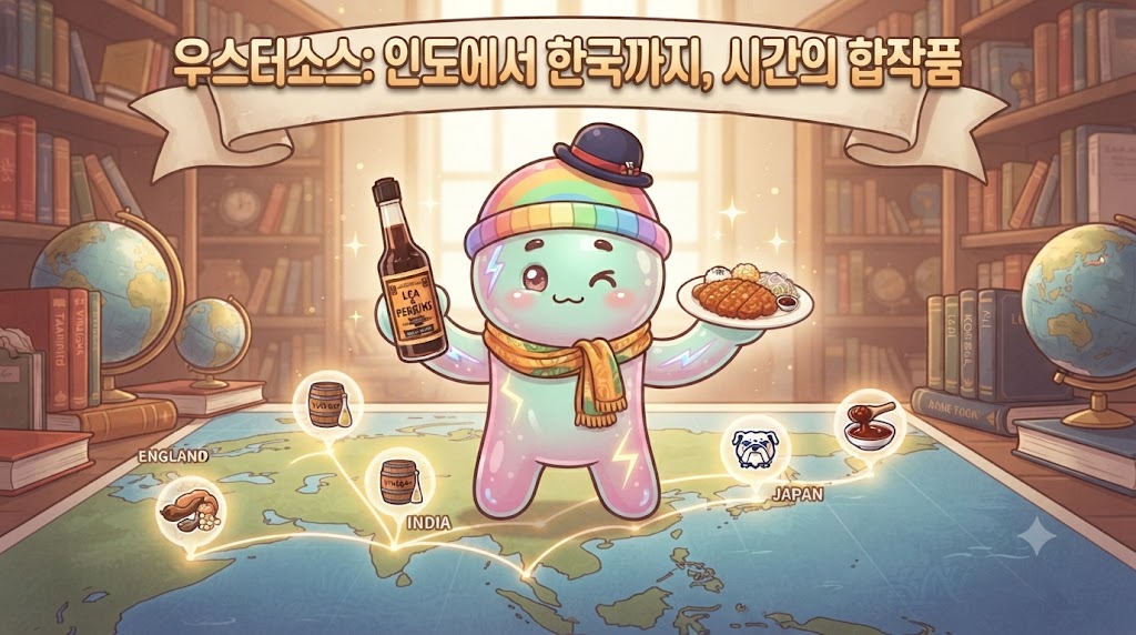 쫀쿠가 아름다운 세계 지도를 배경으로(인도, 영국, 일본, 한국이 하트 선으로 연결됨) 중앙에 서 있습니다. 쫀쿠는 인도풍 스카프를 두르고 영국식 모자를 쓰고 한 손에는 불독소스 병을, 다른 한 손에는 경양식 돈까스 접시를 들고 있습니다. 발밑에는 타마린드와 앤초비 바구니가 놓여 있고, '시간이 만든 명품'이라는 문구가 빛납니다.