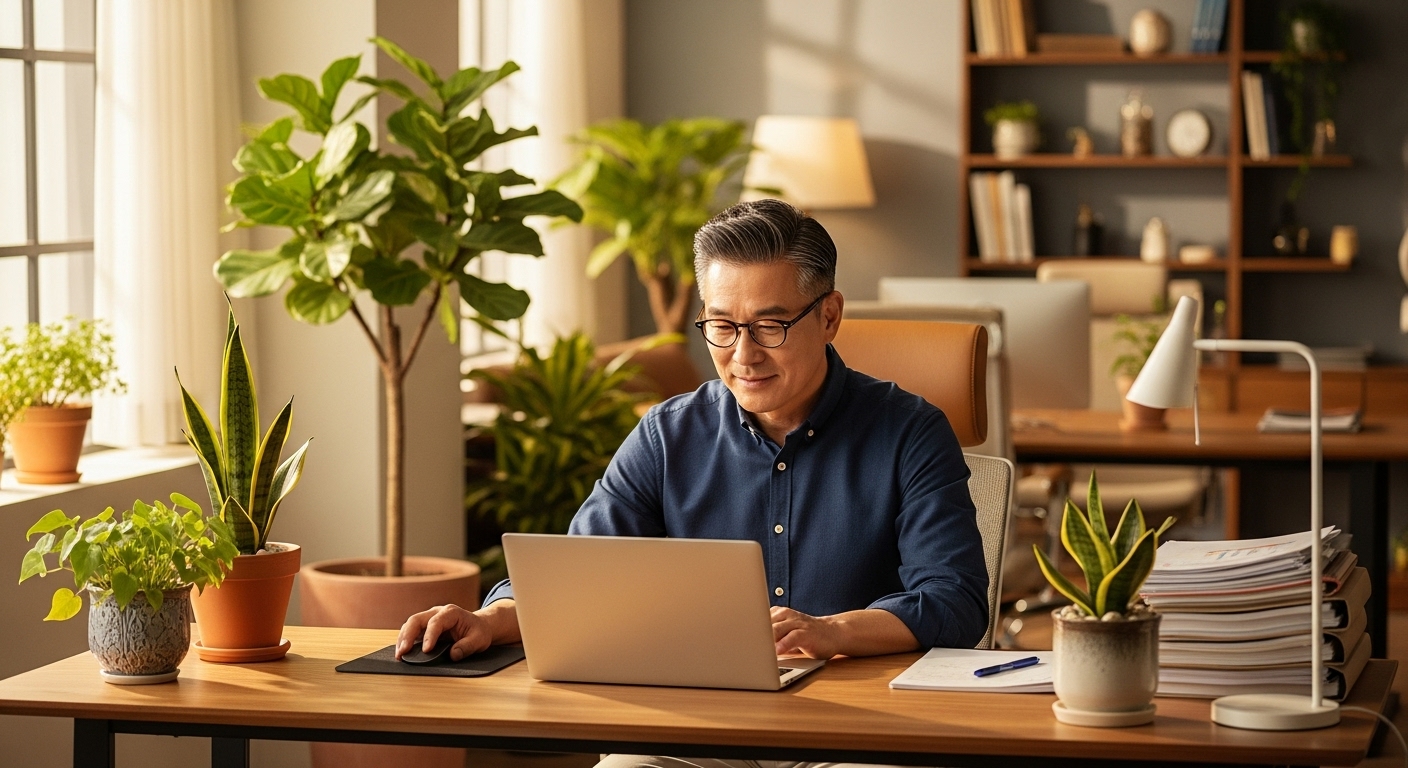업무 중 눈 휴식 타이머 확인하는 50대 직장인 남성