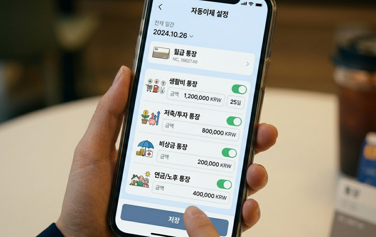 자동이체로 월급을 분리하는 금융 앱 화면