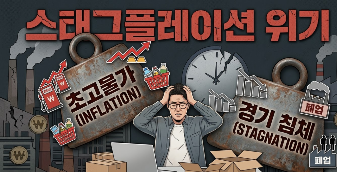 어두운 도시 배경의 깨진 시계 앞에서 스트레스에 머리를 감싸 쥐고 있는 전자상거래 사업자(한국인 남성)의 모습. 최상단에는 크고 heavy한 한국어 텍스트로 "스태그플레이션 위기"라고 쓰여 있다. 그는 노트북과 배송 박스가 있는 책상에 앉아 두 개의 거대한 무게추 사이에 갇혀 압박받고 있다. 왼쪽 무게추에는 "초고물가 (INFLATION)"라는 텍스트와 함께 주유기 모양의 원화(₩) 표시와 상승 화살표, 장바구니 아이콘이 있고, 오른쪽 무게추에는 "경기 침체 (STAGNATION)"라는 텍스트와 함께 하락하는 그래프, "폐업"이라고 쓰인 공장과 실업자 실루엣 아이콘이 있다. 전체적으로 압도적인 경제적 압박을 표현한 현대적인 일러스트레이션.