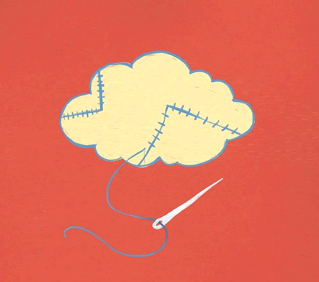 진분홍색 바탕 위에 하얀 구름이 있다. 바늘에 걸린 하늘색 실로 구름을 꿰매고 있다.