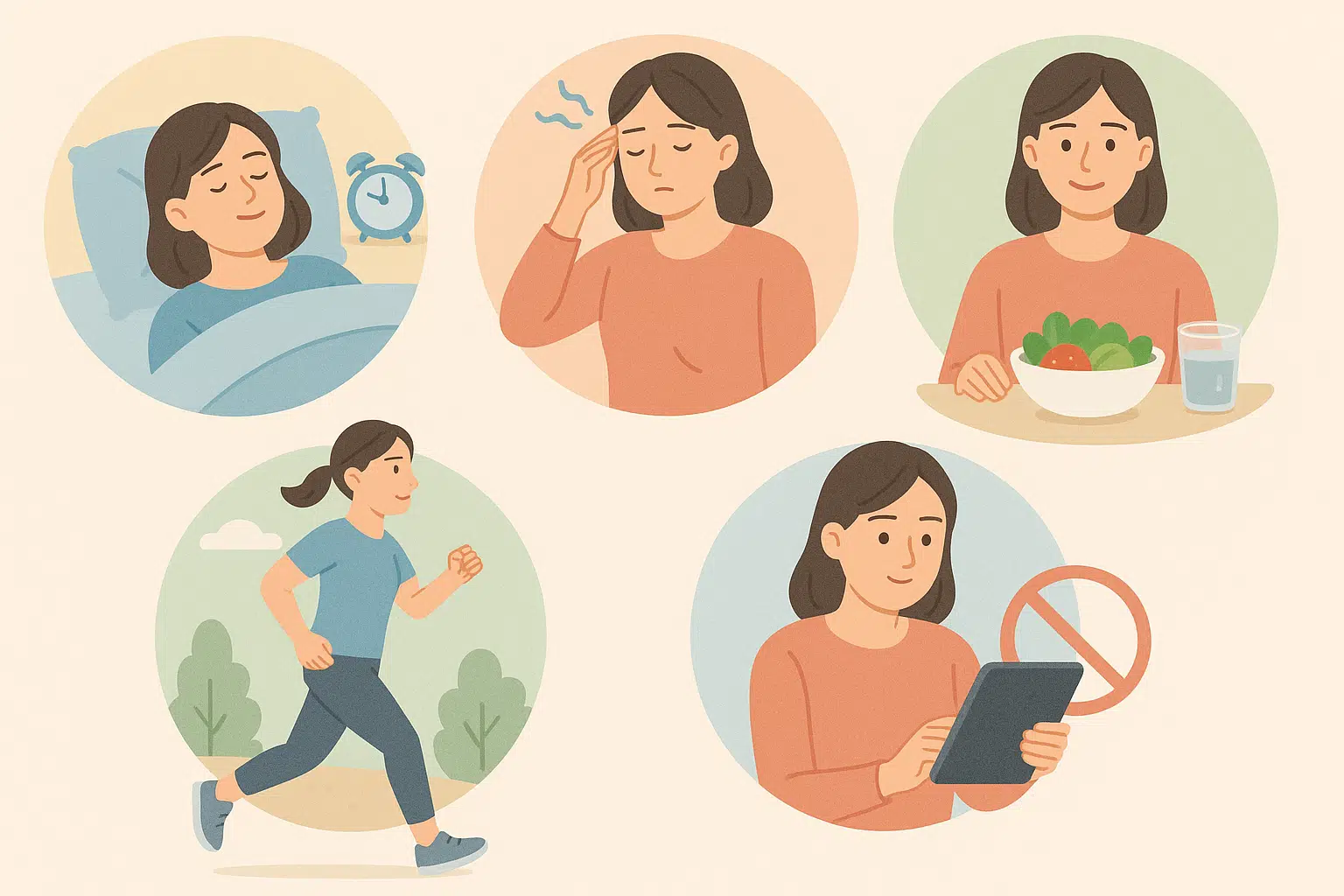 두통 관리 생활습관 5단계, 규칙적인 수면·스트레스 완화·식단 관리·유산소 운동·디지털 기기 사용 제한