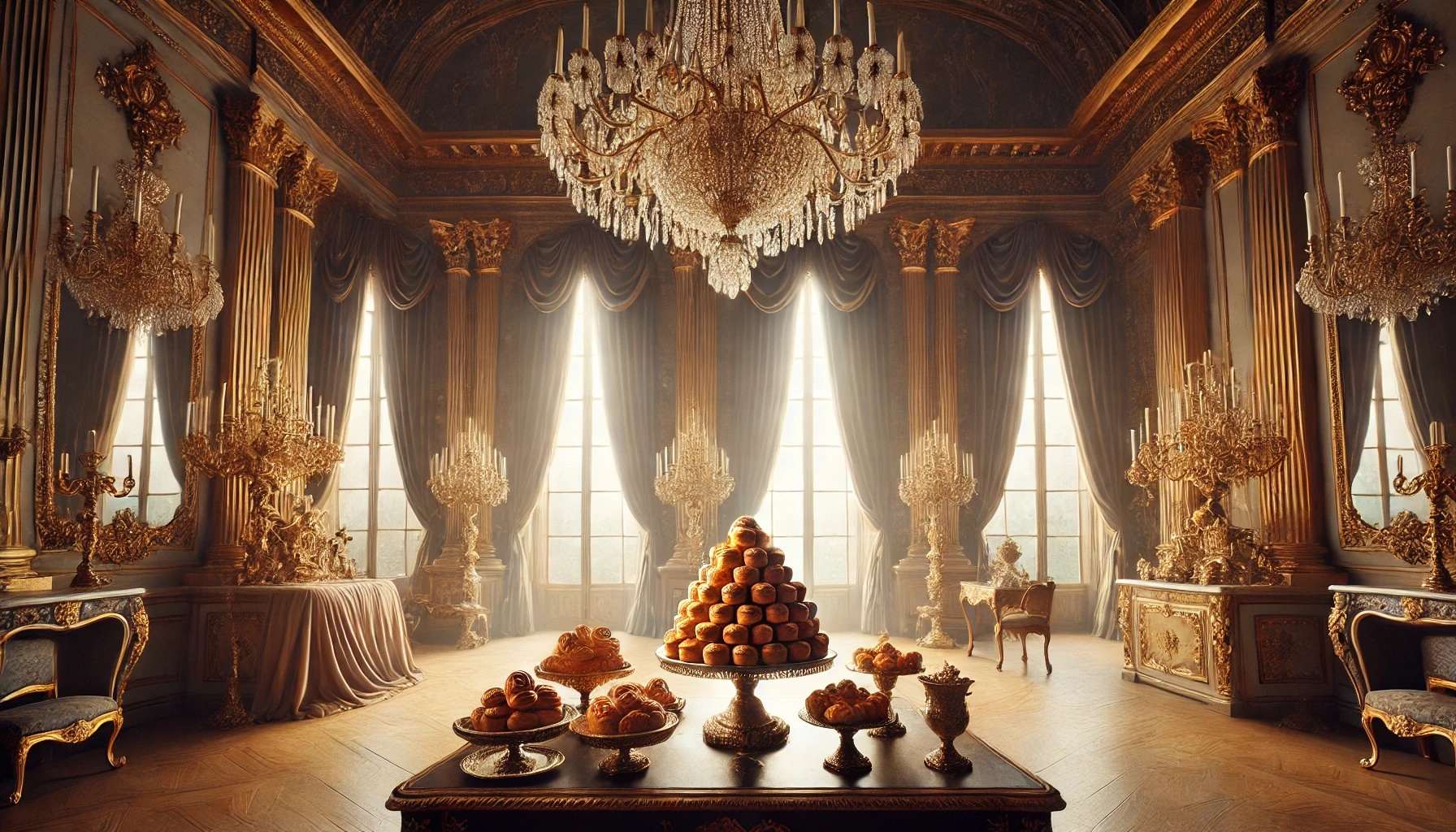 18세기 프랑스 왕실의 고풍스러운 분위기를 담아낸 와이드 장면입니다. 화려한 장식과 부드러운 조명이 당시의 사치스러운 분위기를 잘 표현하고 있습니다.