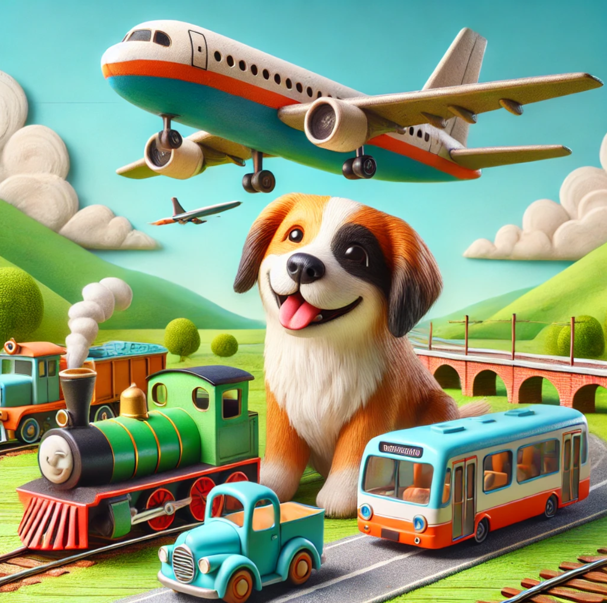 비행기, 기차, 버스 등 다양한 대중교통과 강아지