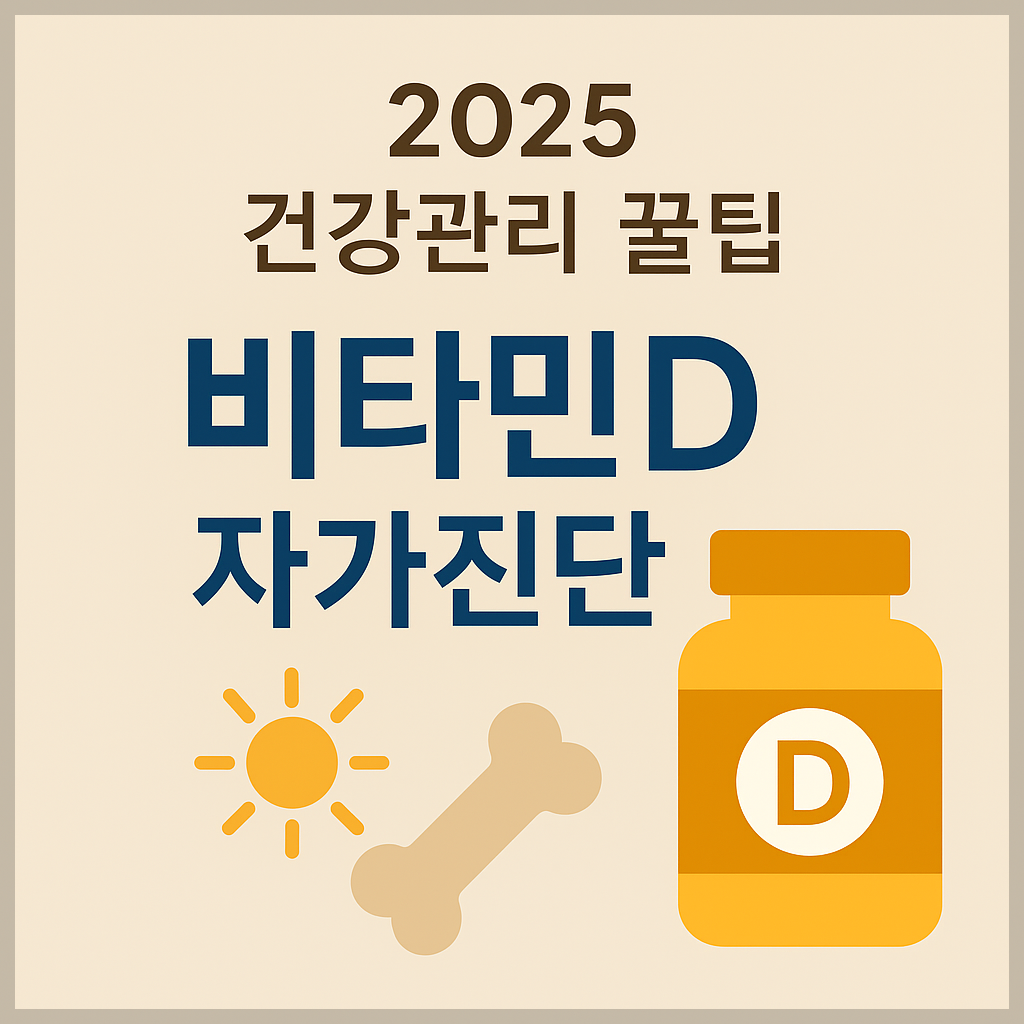 &quot;2025 건강관리 꿀팁을 주제로 한 비타민D 자가진단 인포그래픽 썸네일 이미지. 햇빛, 뼈, 영양제 아이콘 포함.&quot;