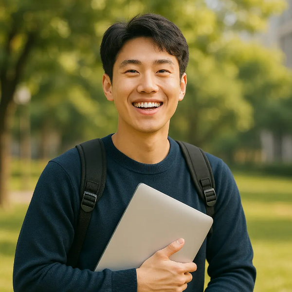 노트북을 품에 안고 환하게 웃고 있는 젊은 한국인 남성이 ISA 계좌 활용으로 재정적 여유를 표현하는 야외 이미지
