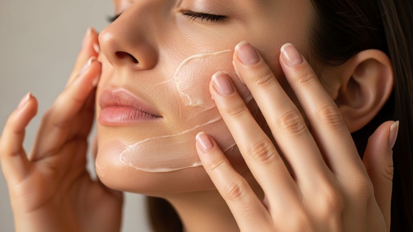 한 여성의 손이 고급스러운 리프팅 밤을 얼굴에 부드럽게 바르고 턱선과 광대뼈를 따라 위쪽으로 마사지합니다.