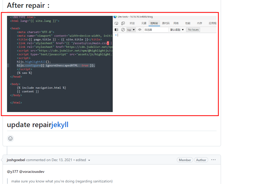 One of your code blocks includes unescaped HTML 해결 완료