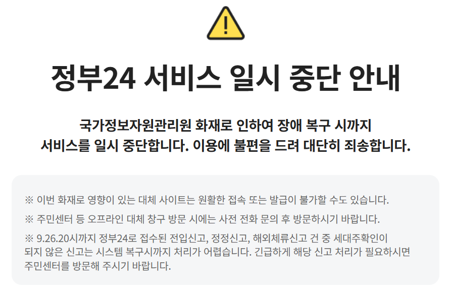 국가정보자원관리원 화재로 인한 행정 대체 사이트 안내