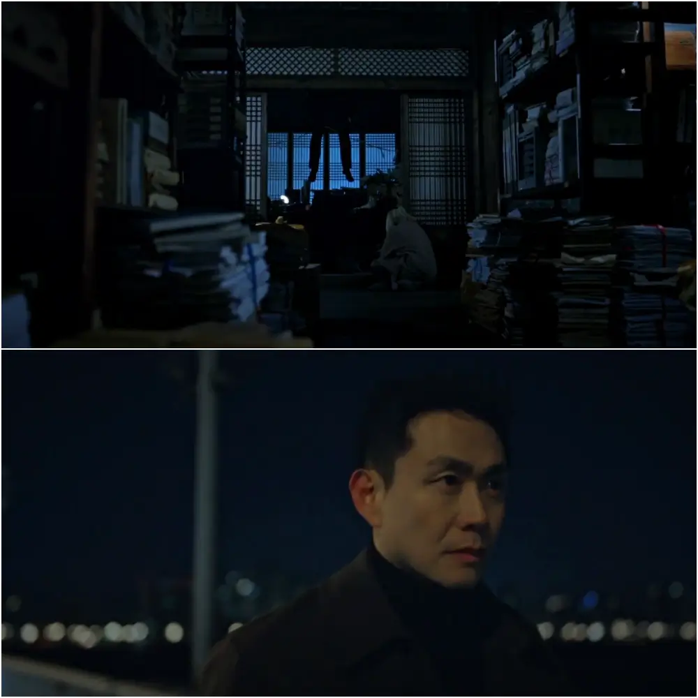 사람이 목메달린 장면과 오정세의 얼굴 모습