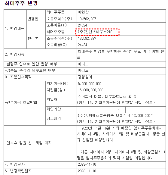 씨씨에스 최대주주 변경