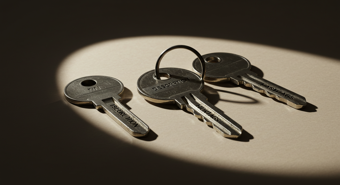 제목·설명·해시태그를 각각 다른 열쇠로 표현한 상징 이미지: 주목, 기대, 탐색을 여는 세 개의 열쇠