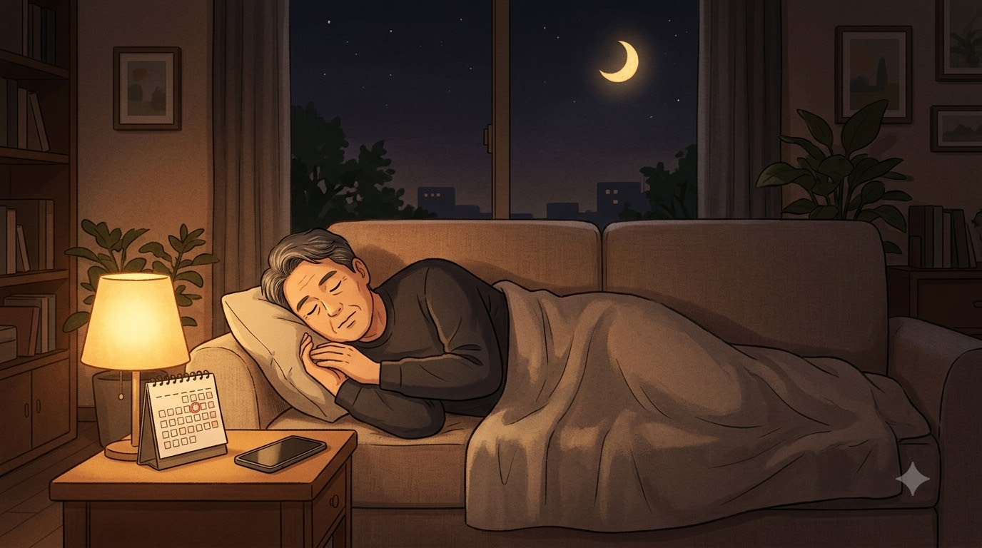 수요일 밤 창밖에 달이 뜬 거실에서 편하게 잠든 50대 남성, 머리맡 탁상 달력엔 수요일에 동그라미