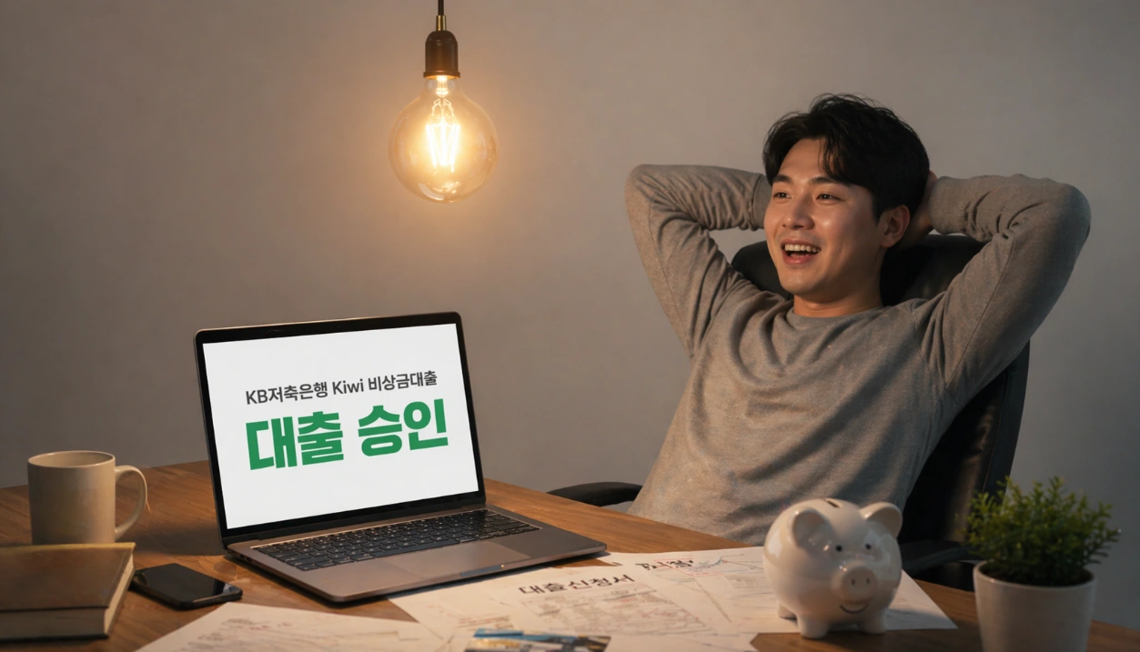 토스 카카오 부결 후 KB저축은행 Kiwi 비상금대출 승인으로 안도하는 무직자 남성