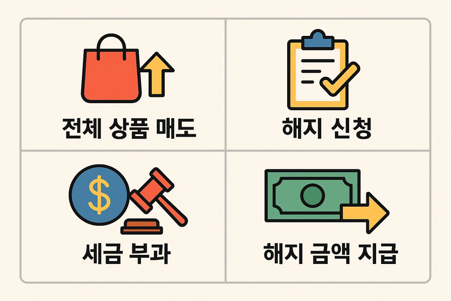 IRP퇴직연금 해지 시 전체 상품 매도, 해지 신청, 세금 부과, 해지 금액 지급 등 주요 단계를 순서대로 설명한 절차 요약 인포그래픽