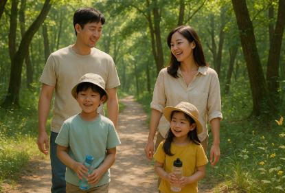 자연휴양림에서 산행하고 있는 가족 모습