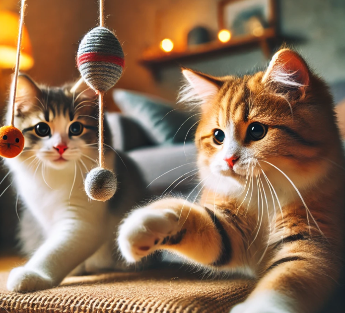 장난감을 갖고노는 두 고양이