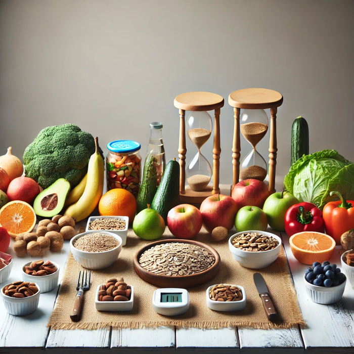 통곡물&amp;#44; 과일&amp;#44; 채소&amp;#44; 견과류로 구성된 식단을 보여주는 장면.