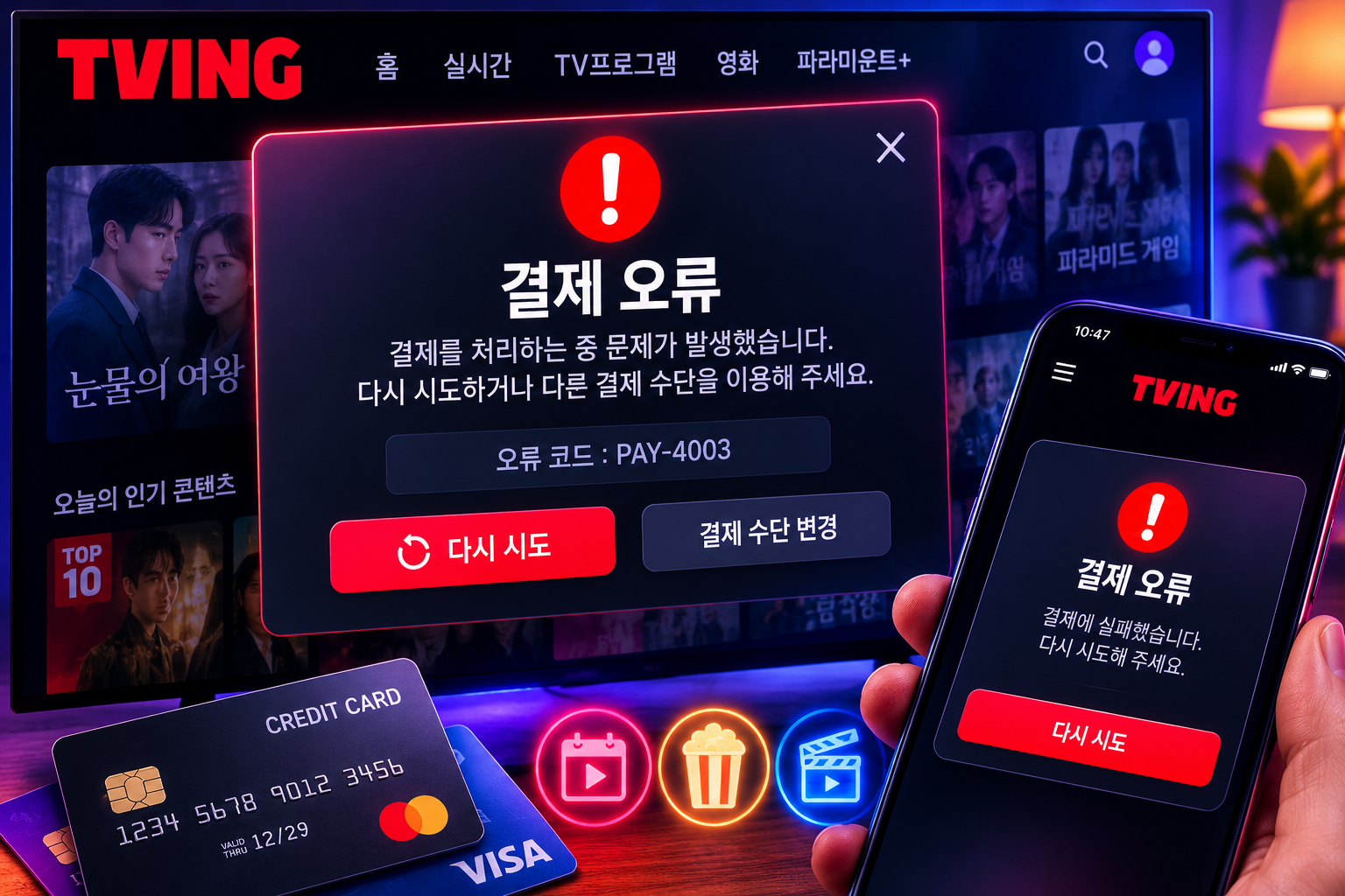티빙 결제 오류 해결방법 총정리 자동결제 안됨 카드 승인 거절 원인