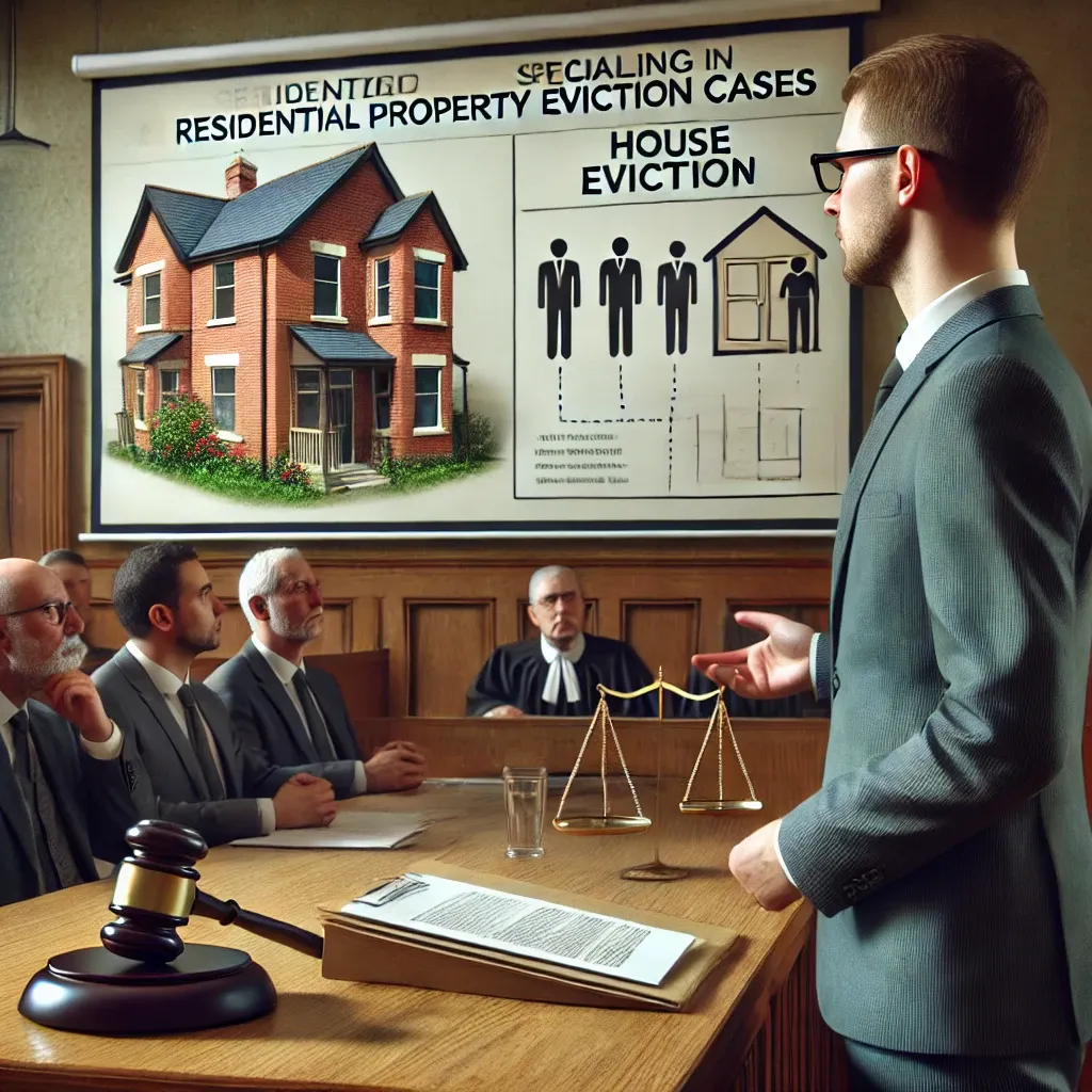 주택 명도 소송에서 변호사가 법정에서 증거를 제시하며 판사와 청중이 주의 깊게 지켜보는 모습