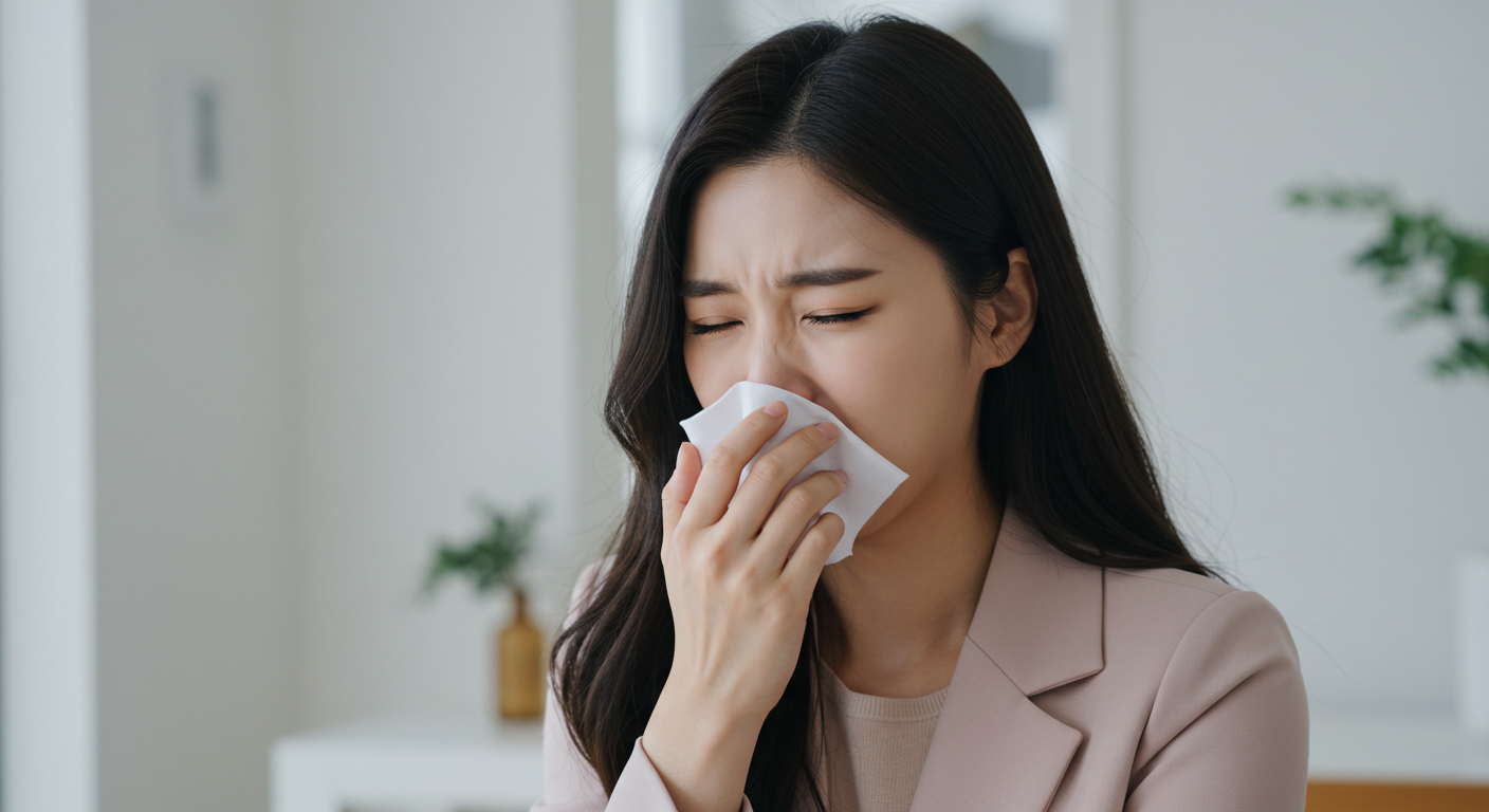 재채기하는 코를 휴지로 막고있는 여성