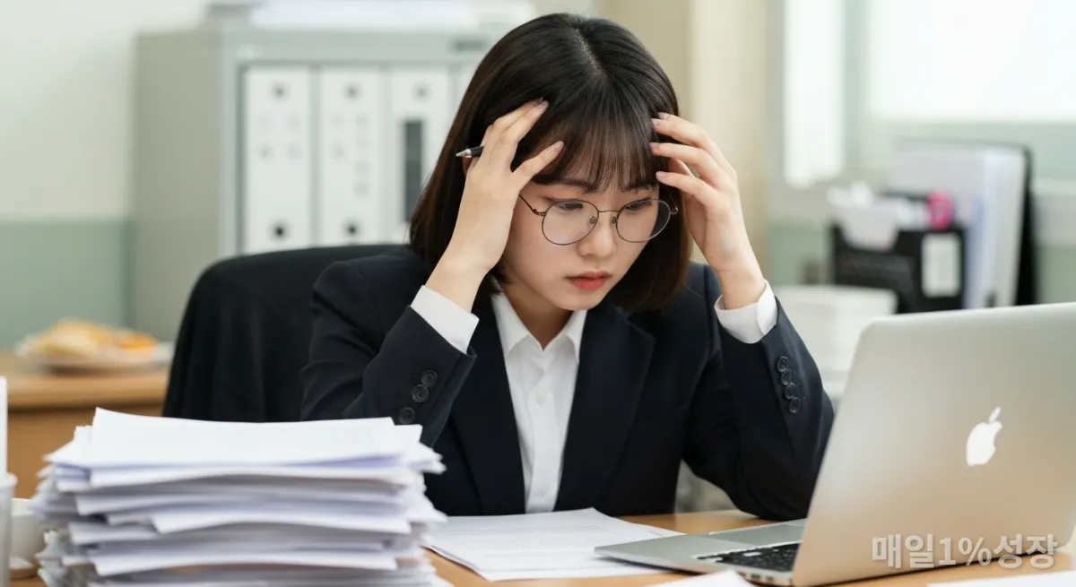 서류와 노트북 앞에서 스트레스받는 한국인 직장인