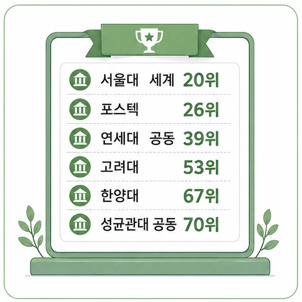 2026년 QS 재료과학 평가에서 서울대와 포스텍, 연세대, 고려대, 한양대와 성균관대의 세계 순위를 비교한 그림