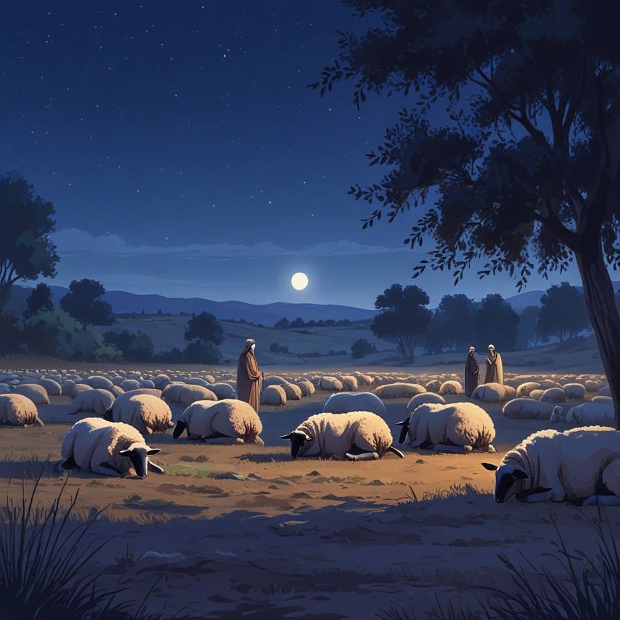 추운 겨울이 아닌 온화한 계절에 목자와 양들이 야외에 머무는 상황을 통해 예수 탄생 시기의 계절을 추정하는 장면