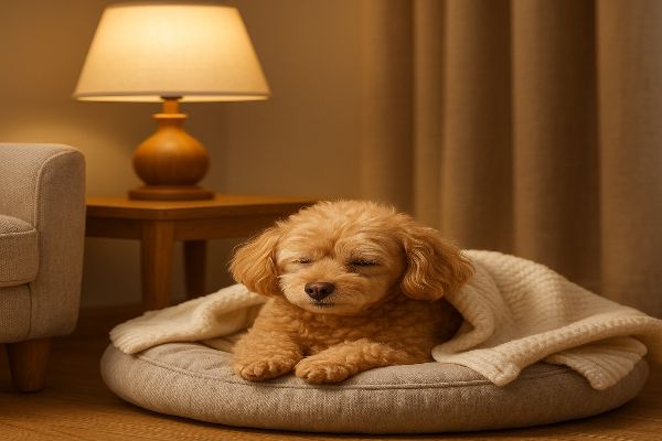 푸들이 은은한 조명, 담요, 방석이 있는 ‘안전 공간’에서 편히 쉬는 모습