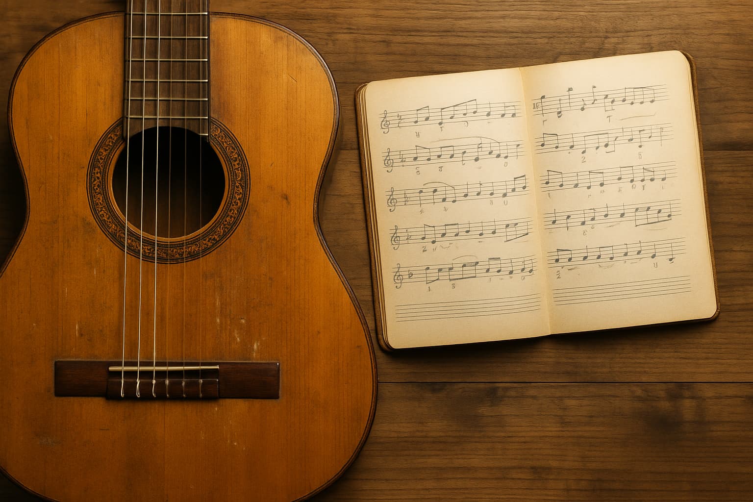 오래된 클래식 기타와 연습노트
