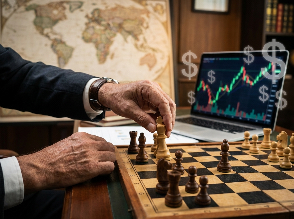 체스판 위에서 신중하게 말을 옮기는 투자자의 손, 배경에는 전 세계 지도가 펼쳐져 있고 달러 기호와 주식 차트가 오버레이된 이미지