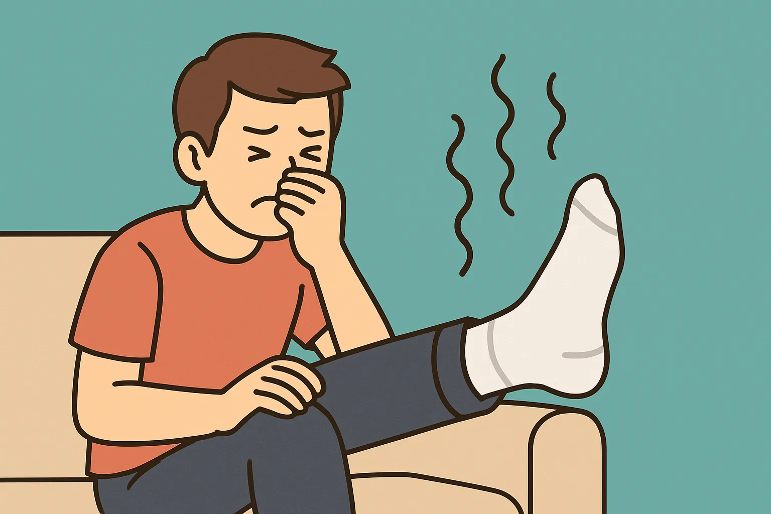 실내에서-양말을-신은-채-발냄새를-확인하는-남성의-일러스트