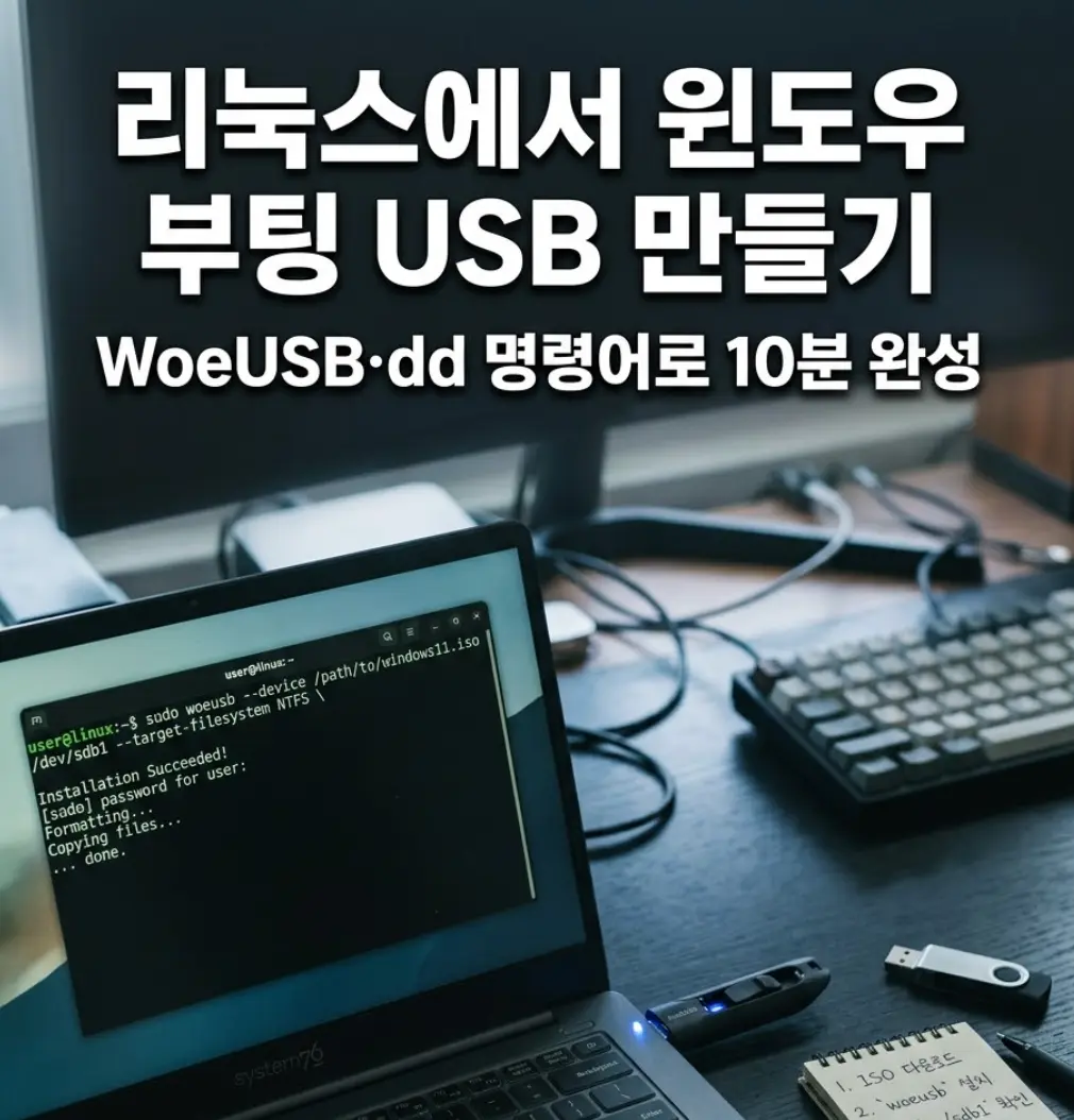 다크 데스크 위에 리눅스 터미널 화면이 켜진 노트북과 USB 드라이브가 놓인 장면, 쿨톤 측면광과 LED 반사, 윈도우 부팅 USB 제작 방법 안내 썸네일