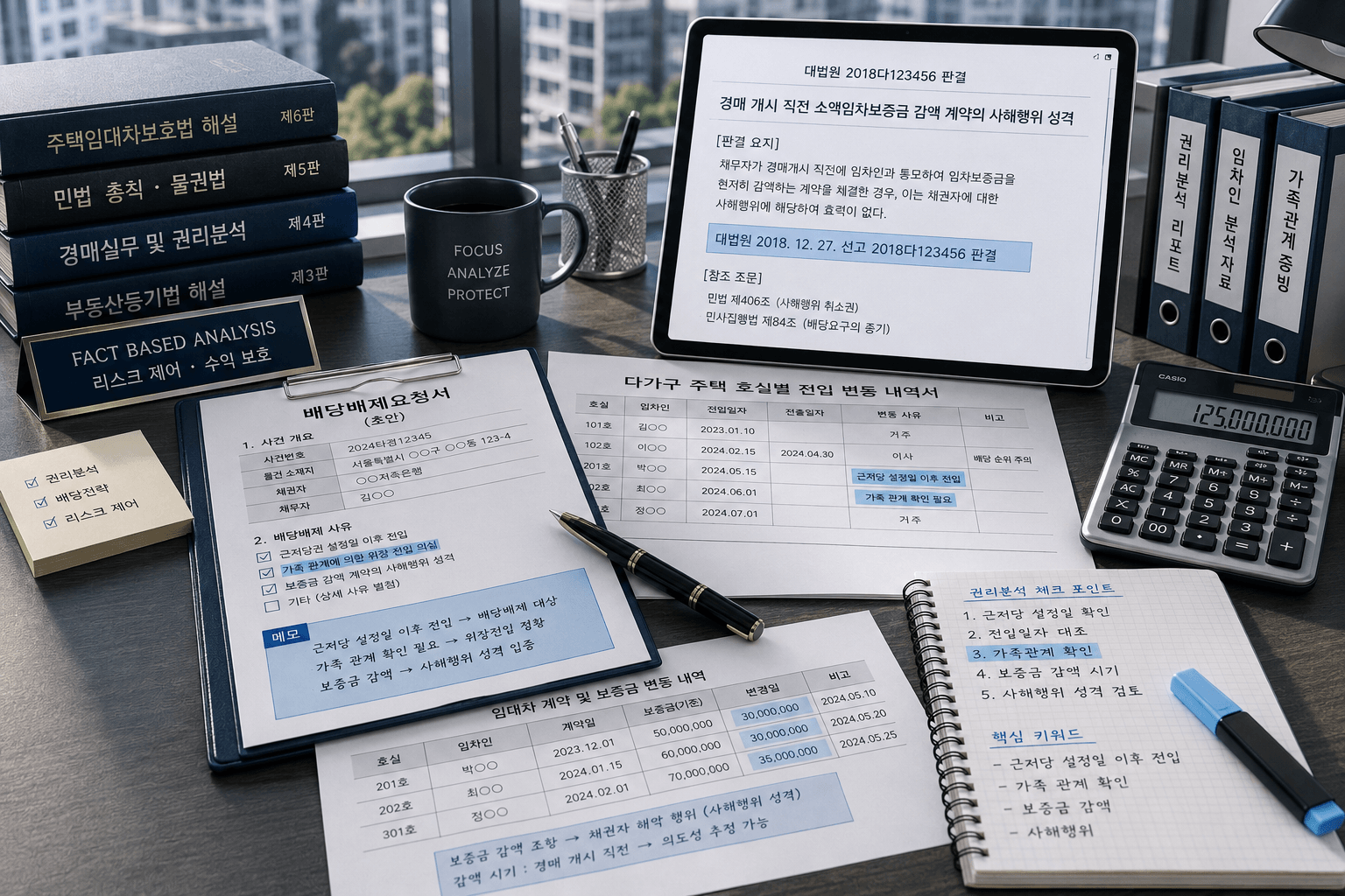 무상거주확인서가 누락된 권리 관계 속에서 가족 임차인의 위장 전입 징후와 보증금 감액 조항의 모순점을 잡아내기 위해 세법 서적과 배당표를 대조하는 지적인 경매 투자자의 데스크모습
