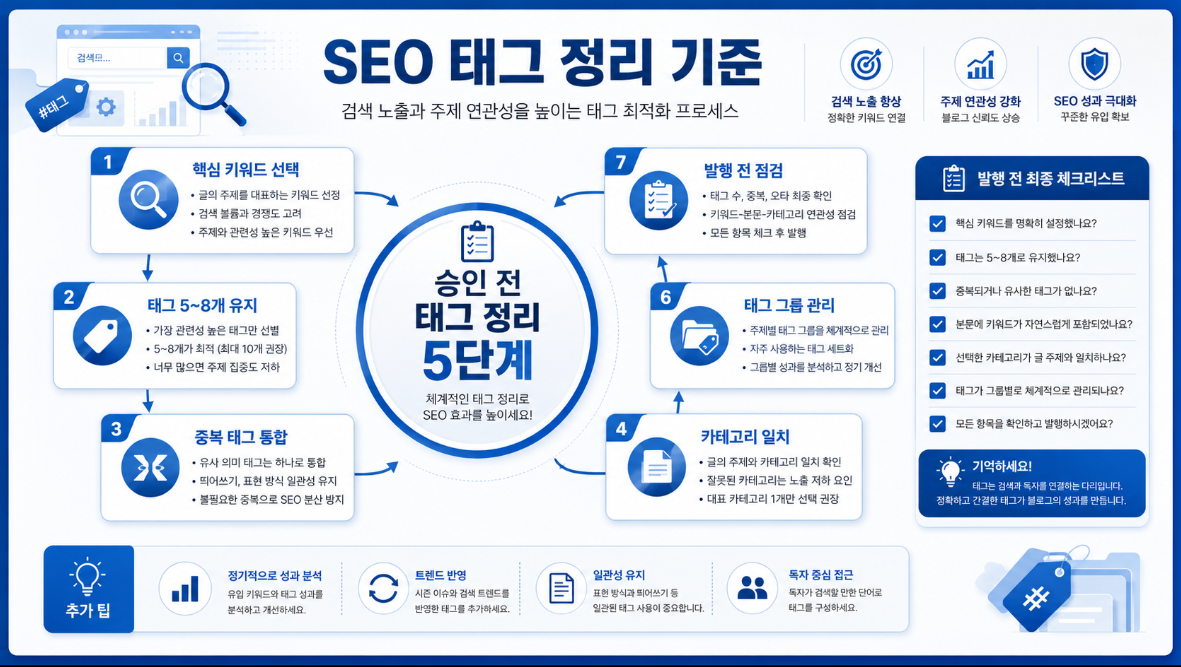 애드센스 승인 전 티스토리 태그 정리 기준과 SEO 태그 관리 단계를 보여주는 인포그래픽