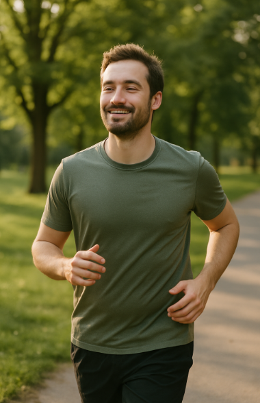 초록이 풍성한 공원에서 느긋하게 뛰는 표정 편안한 남성