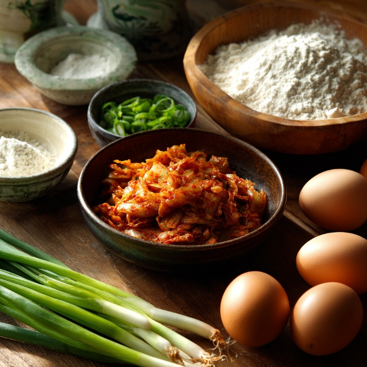 식탁위 김치전 재료 준비된 모습