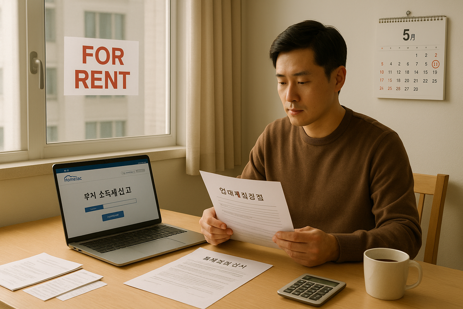주택임대소득을 신고하기 위해 홈택스를 확인하며 임대 계약서를 검토하는 집주인의 모습 &ndash; 창문에 임대 안내문이 붙어 있고, 벽에는 소득세 신고일이 표시된 달력이 있음