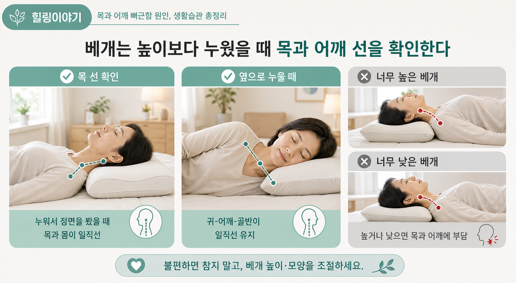 베개 목 통증 원인 확인을 위한 목과 어깨 선 비교 이미지